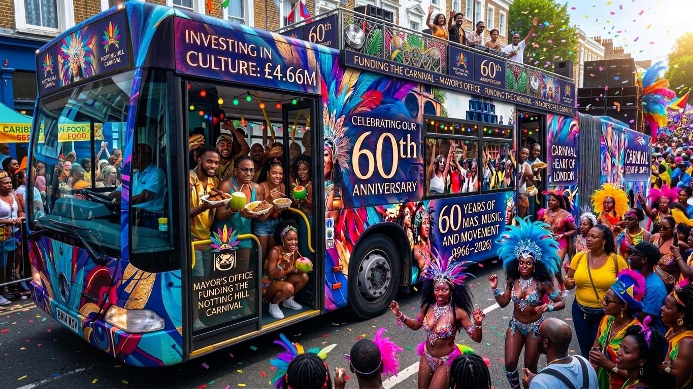 Carnival celebration bus surrounded by dancers