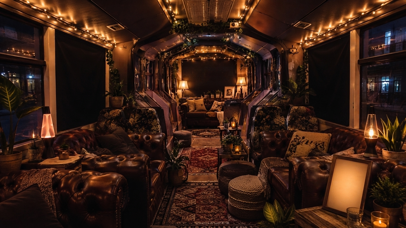 Warmly lit lounge interior inside the bus
