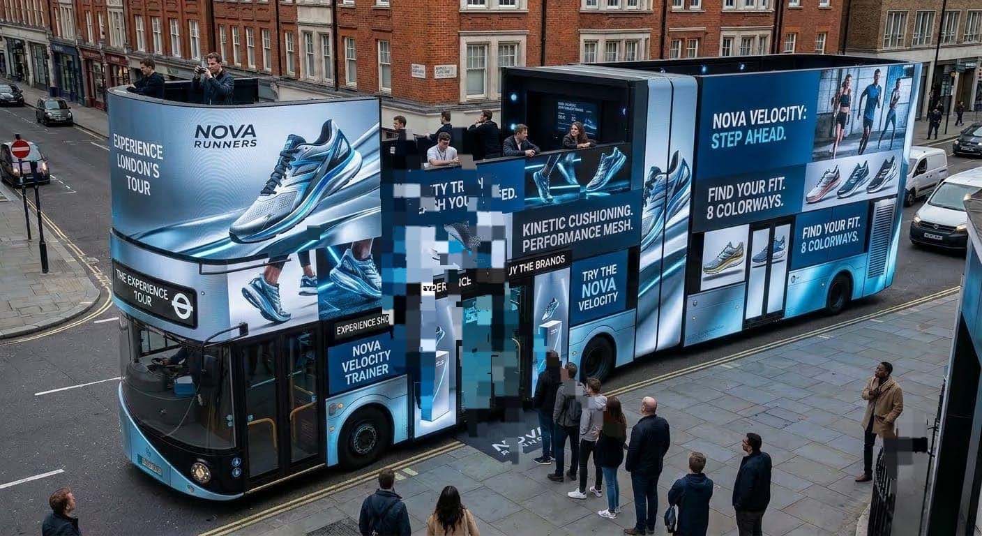 Sneaker brand experience bus on a London street