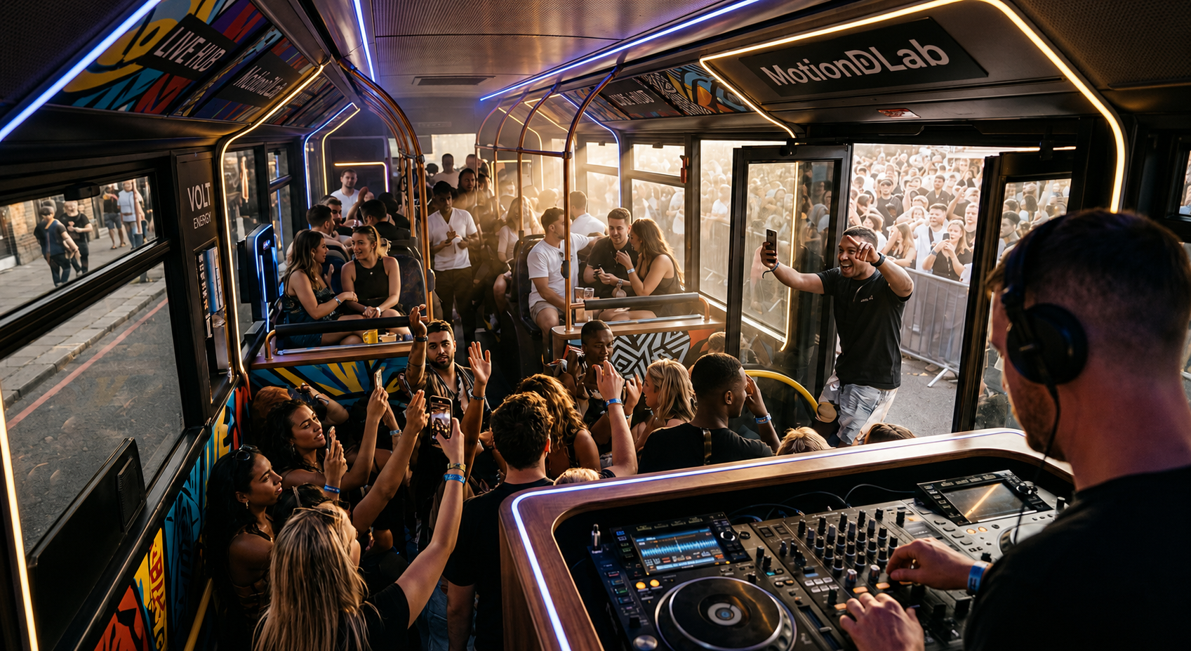 DJ performing for a crowd inside the Motion Lab bus