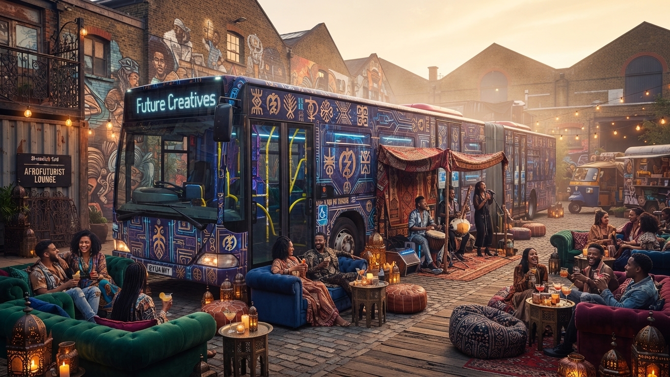 Afrofuturist lounge with live music beside the bus